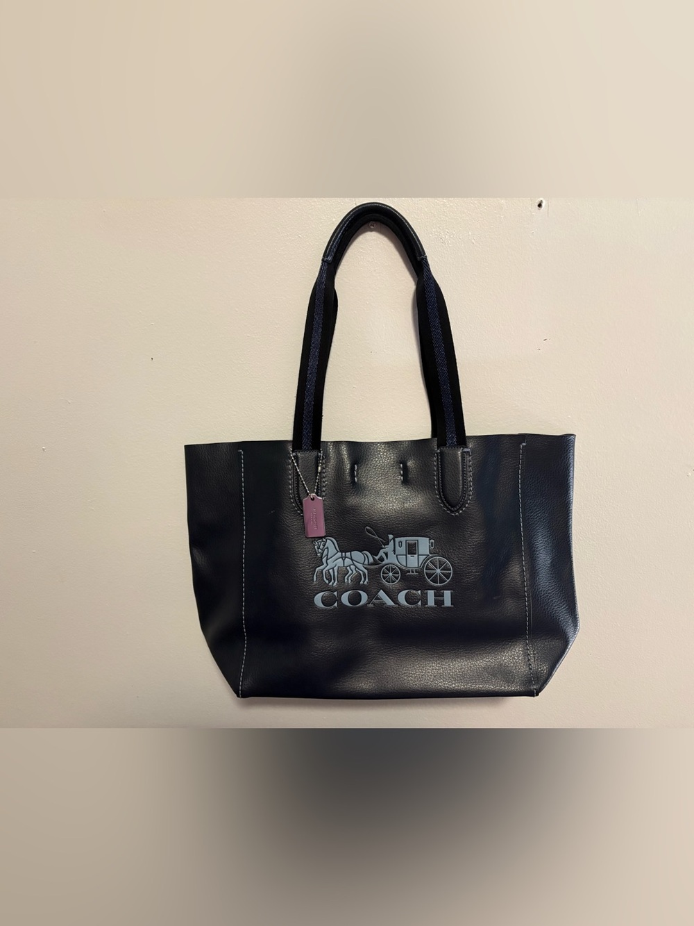 Coach Black Leather Tote with Horse & Carriage Logo and Pink Tag